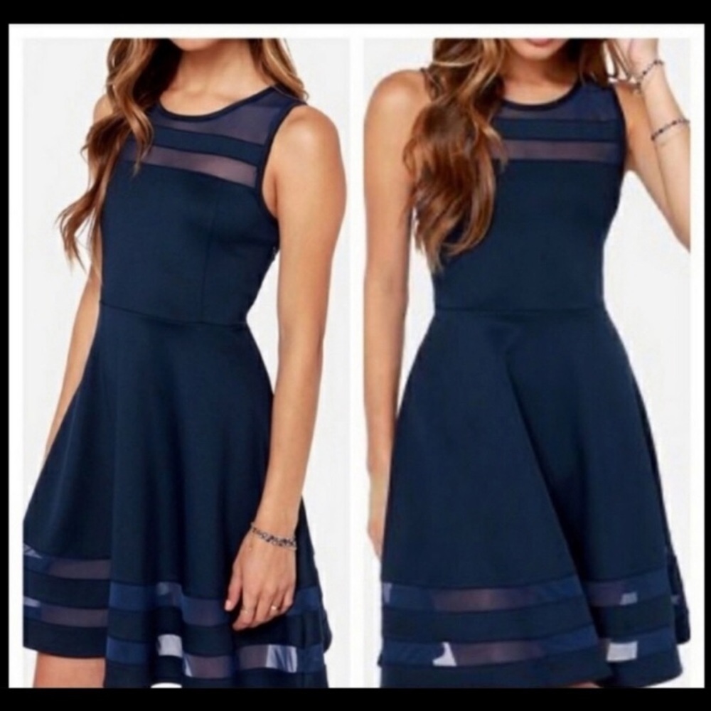 LULU’s Blue Sheer Determination Mesh Skater Dress size small